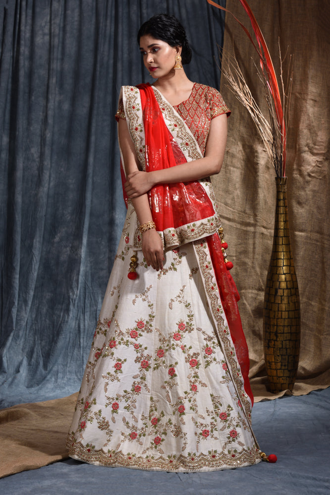 Wedding Embroidery Work Lehenga Set In White & Red Color