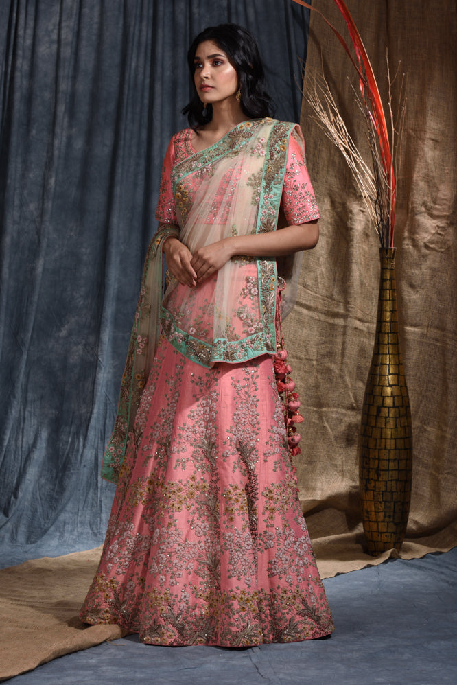 Reception Embroidery Work Lehenga Set In Pink Color
