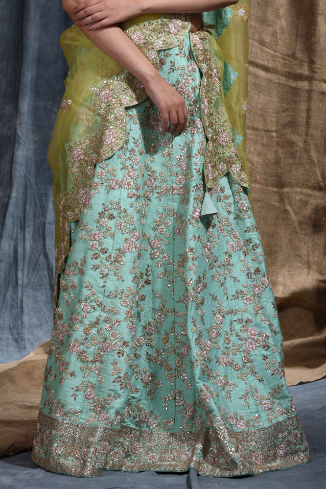 Wedding Embroidery Work Lehenga Set In Turquoise  Color