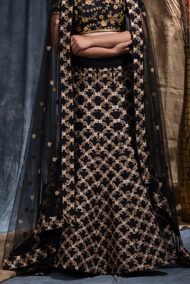 Party  Embroidery Work Lehenga Set In Black Color