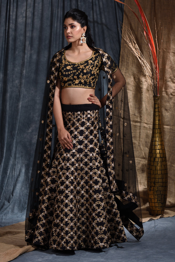 Party  Embroidery Work Lehenga Set In Black Color