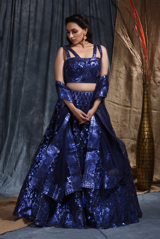 Engagement Embroidery Work Lehenga Set In Blue Color