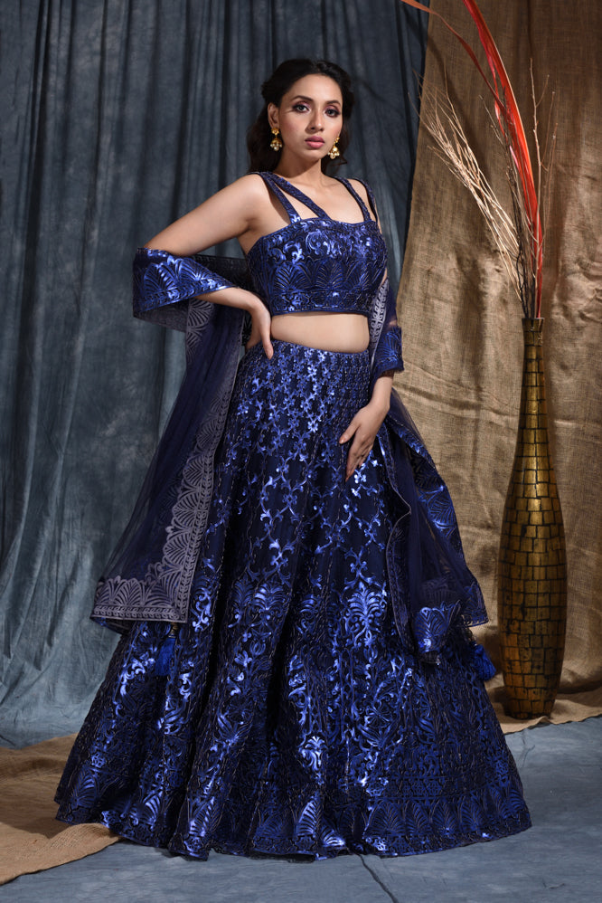 Engagement Embroidery Work Lehenga Set In Blue Color