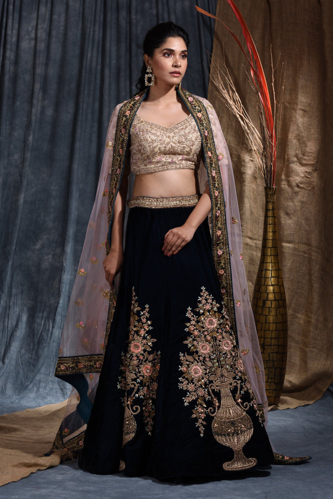 Wedding Embroidery Work Lehenga Set In Navy Blue  Color