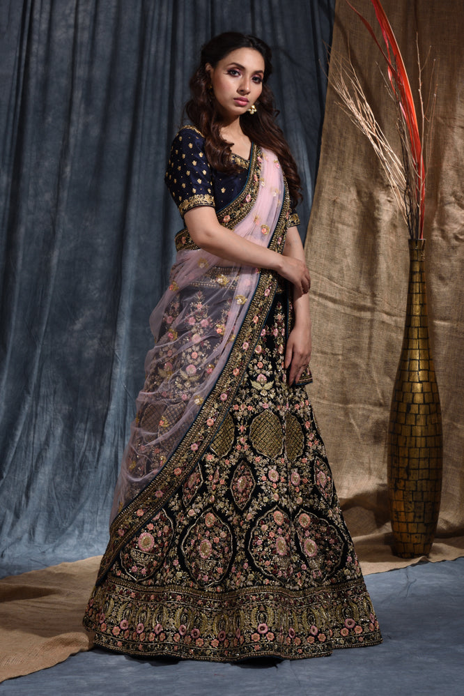 Wedding Embroidery Work Lehenga Set In Navy Blue  Color