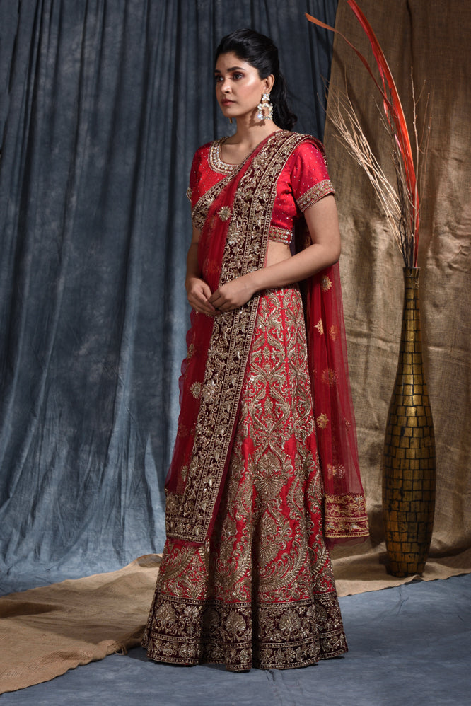 Wedding Embroidery Work Lehenga Set In Red Colour