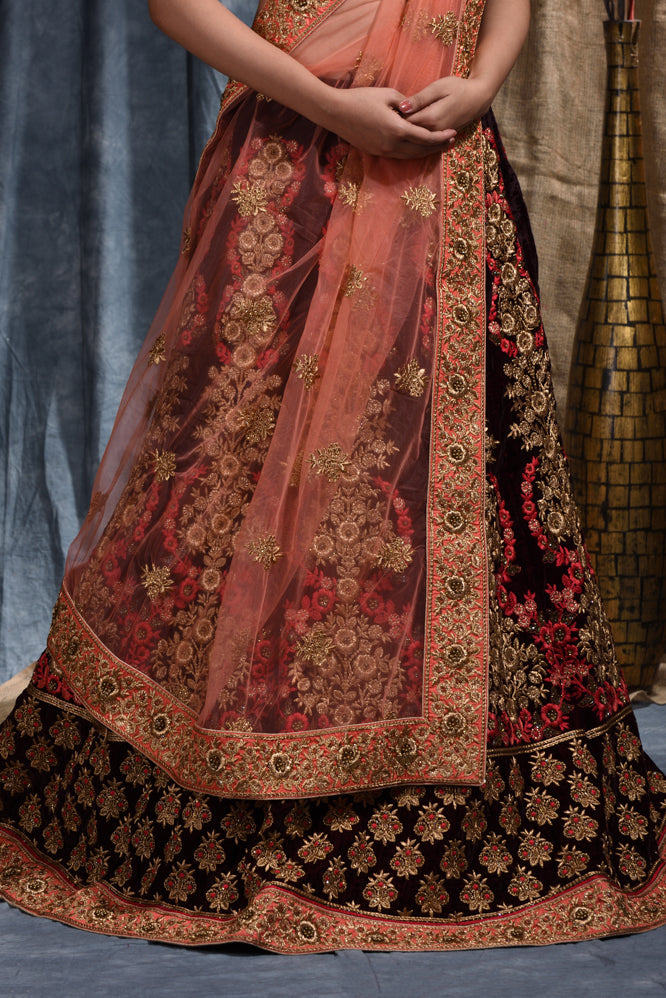 Party  Embroidery Work Lehenga Set In Marron Color