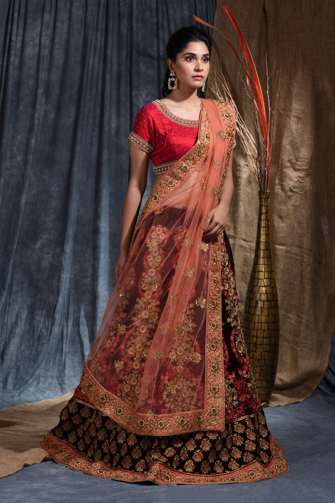 Party  Embroidery Work Lehenga Set In Marron Color