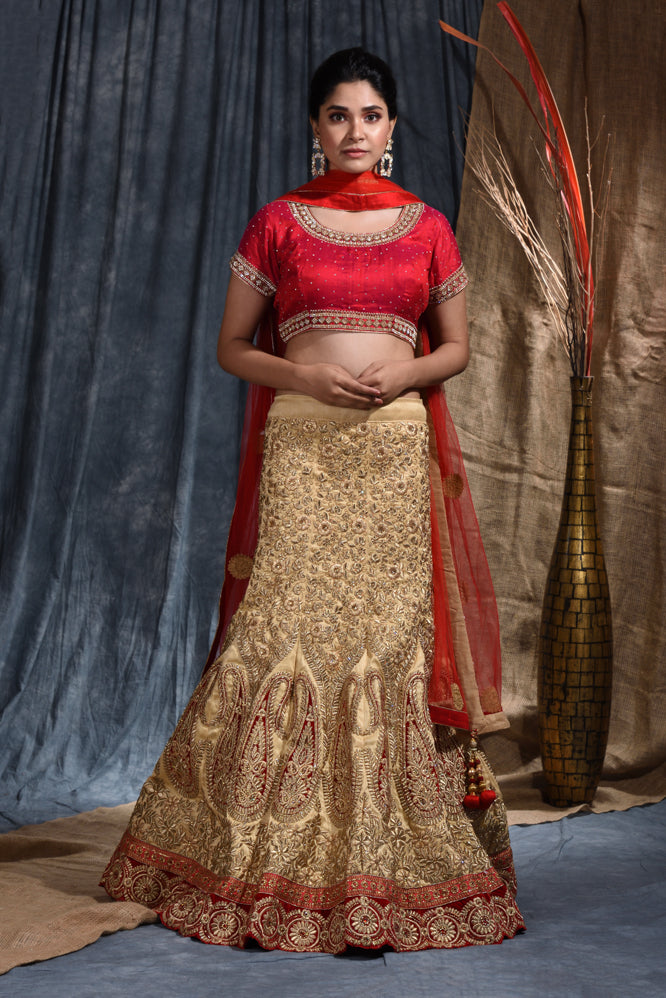Wedding Embroidery Work Lehenga Set In Golden & Red Color