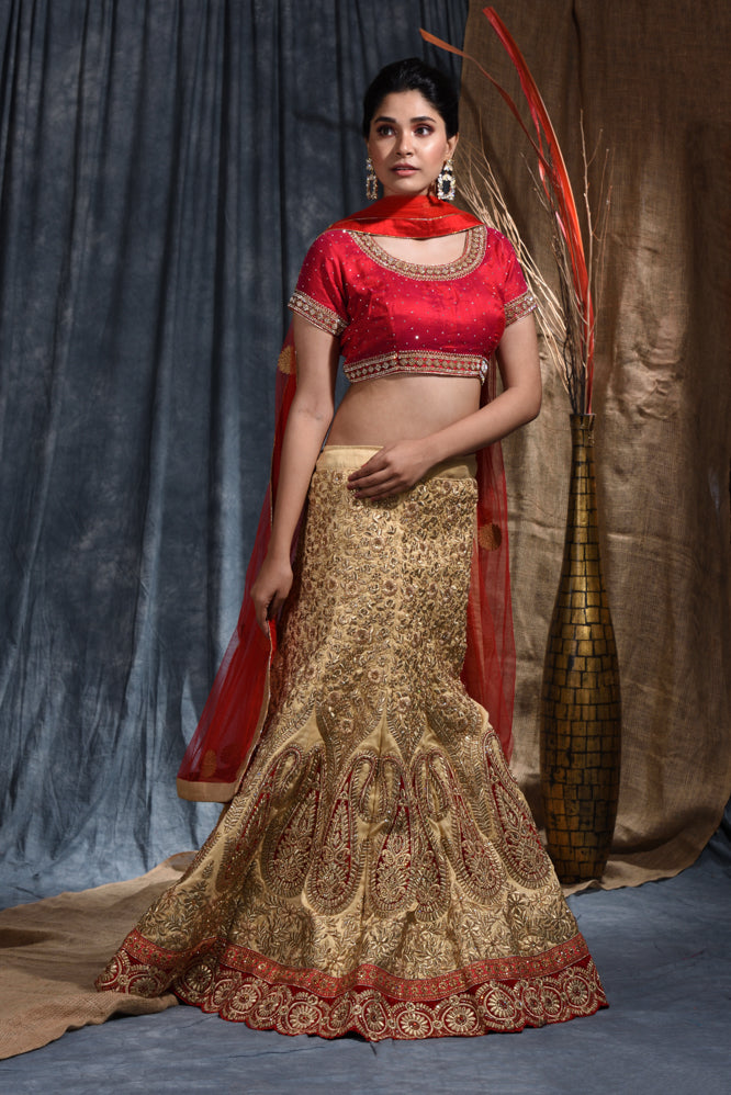 Wedding Embroidery Work Lehenga Set In Golden & Red Color