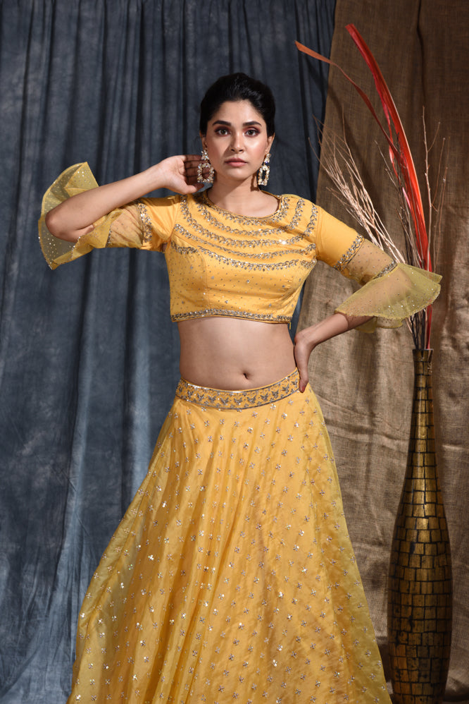 Party  Embroidery Work Lehenga Set In Yellow  Color