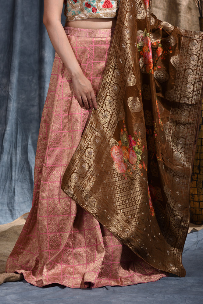 Party  Embroidery Work Lehenga Set In Peach Color