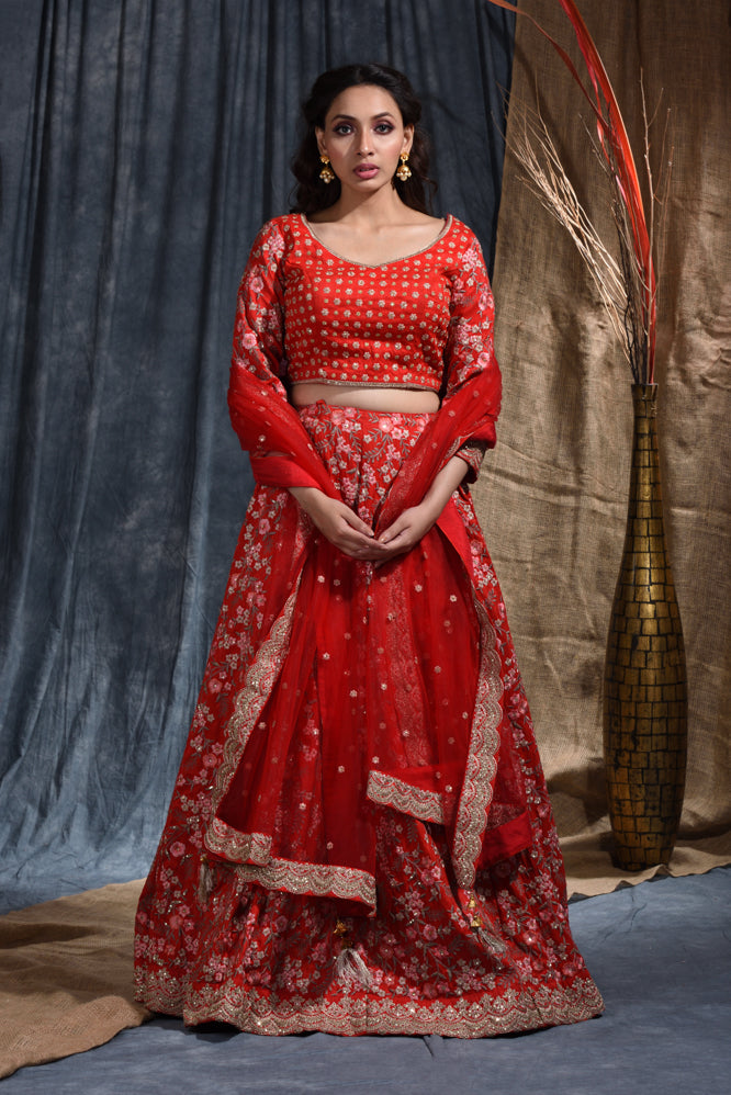 Party  Embroidery Work Lehenga Set In Red Color