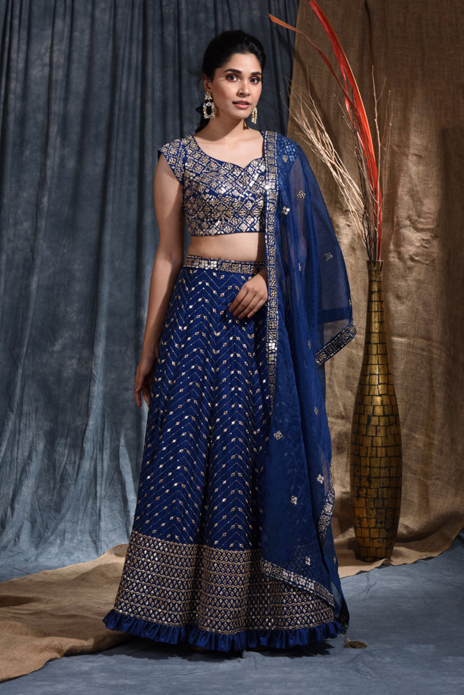 Party  Embroidery Work Lehenga Set In Blue Color
