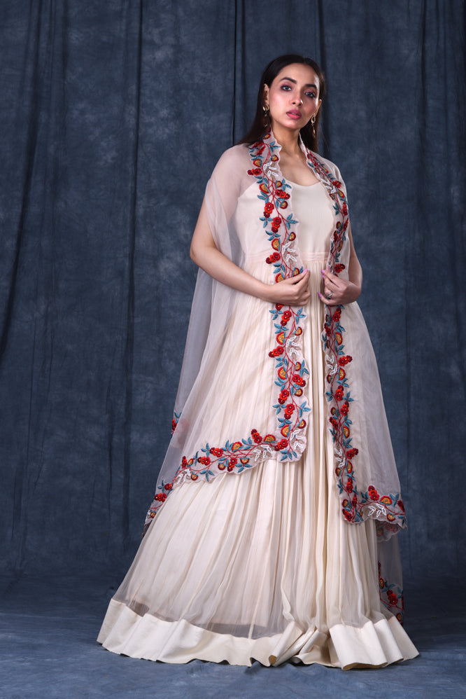 Festive/ Party/ Sangeet/ Wedding  Thread  Work Dress In White Color