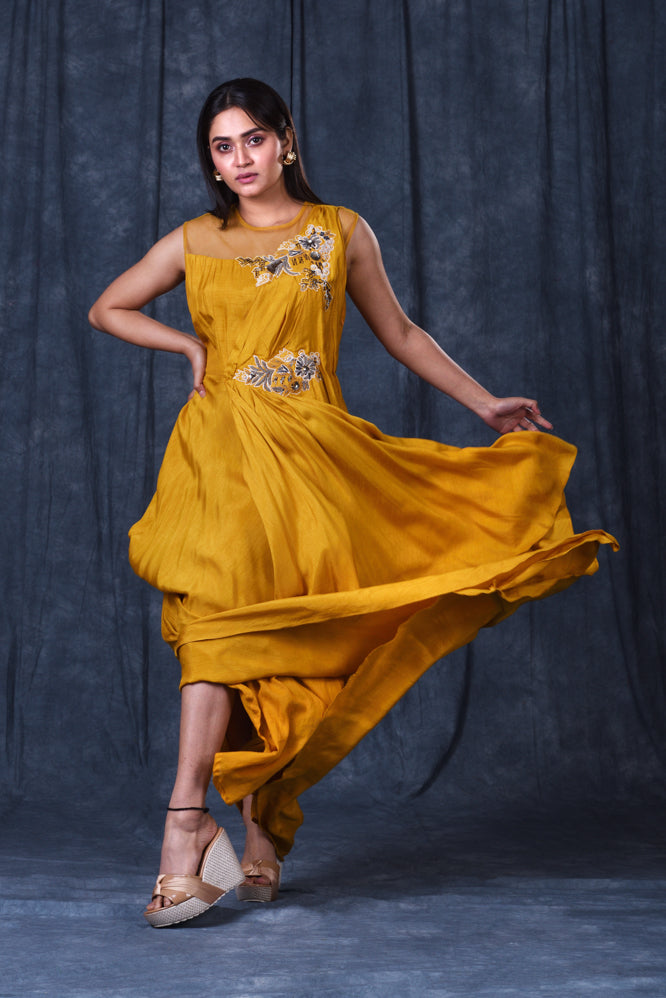 Festive/ Party/ Sangeet/ Wedding  Zardozi Work Dress In Yellow Color