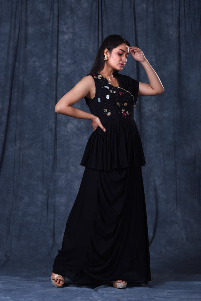 Festive/ Party/ Sangeet/ Wedding  Embroidery  Work Dress In Black Color