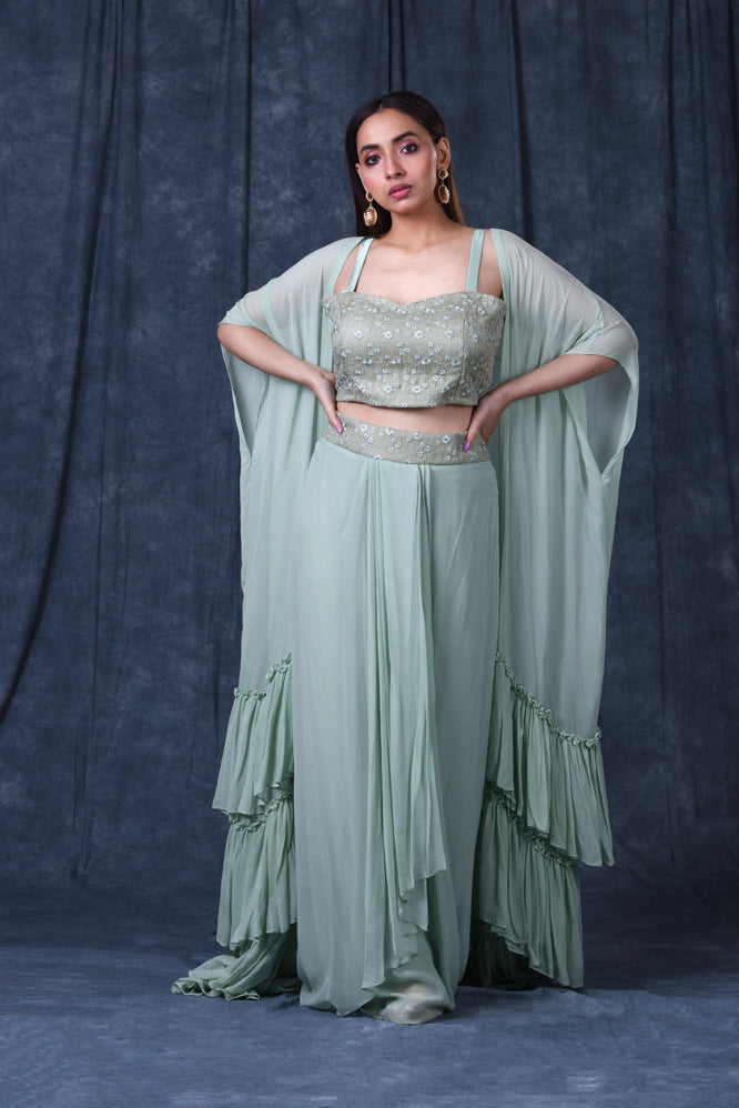 Festive/ Party/ Sangeet/ Wedding  Thread  Work Indowestern In Turquoise Color
