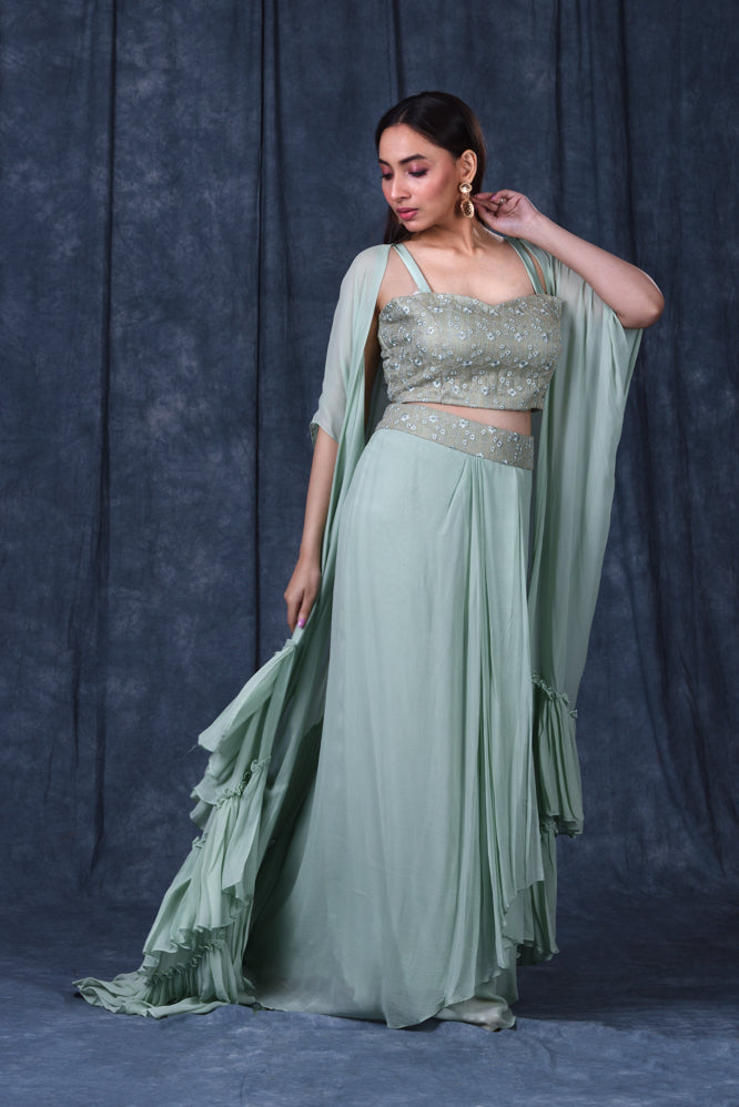 Festive/ Party/ Sangeet/ Wedding  Thread  Work Indowestern In Turquoise Color