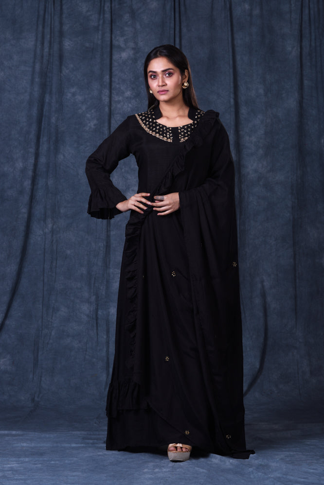 Festive/ Party/ Sangeet/ Wedding  Zardozi Work Long Dress In Black Color