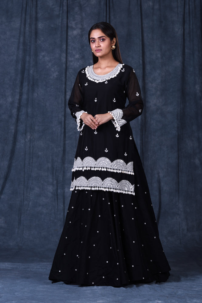 Festive/ Party/ Sangeet/ Wedding  Thread  Work Suit with Skirt In Black Color