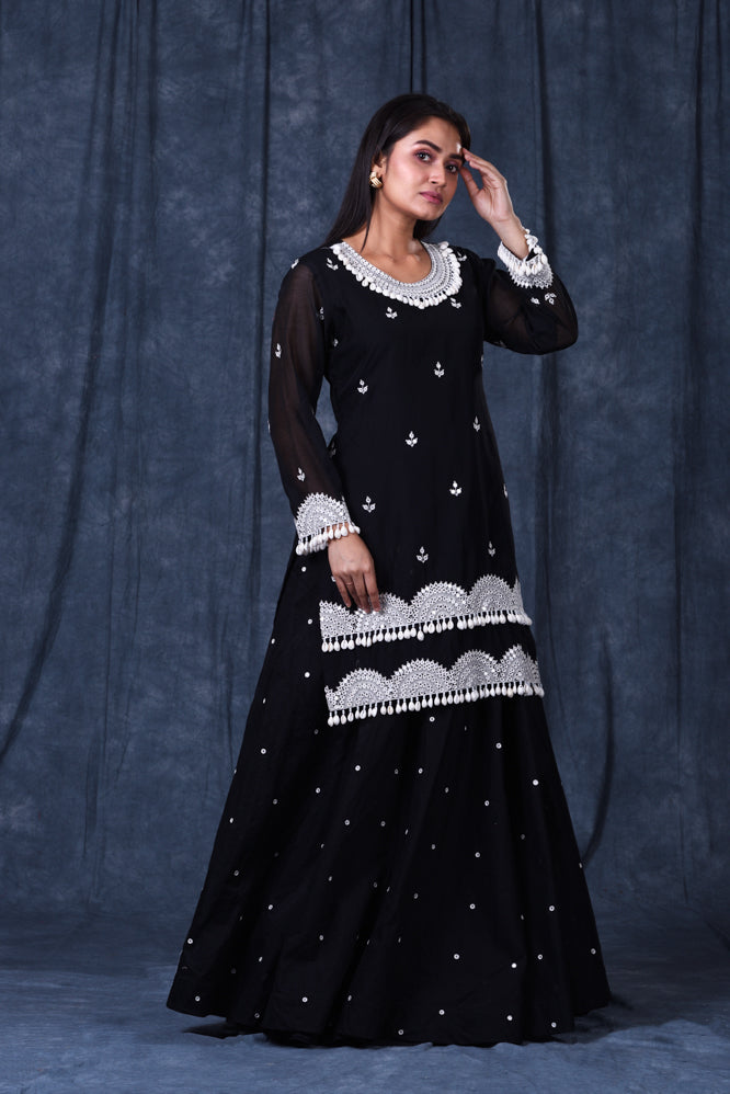 Festive/ Party/ Sangeet/ Wedding  Thread  Work Suit with Skirt In Black Color