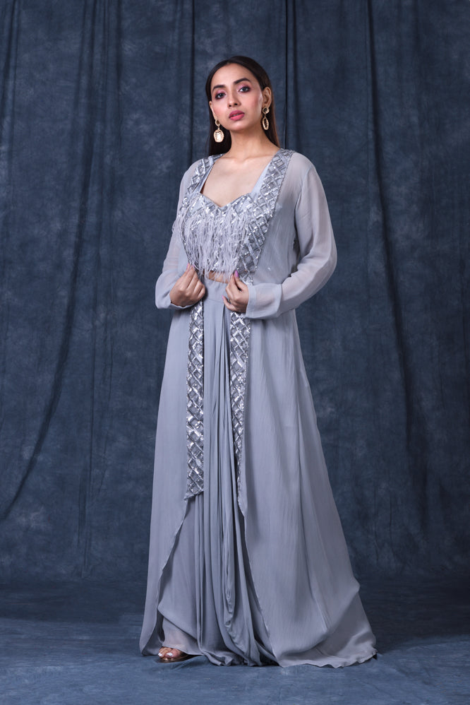 Festive/ Party/ Sangeet/ Wedding  Sequins Work Jacket Dress In Grey Color