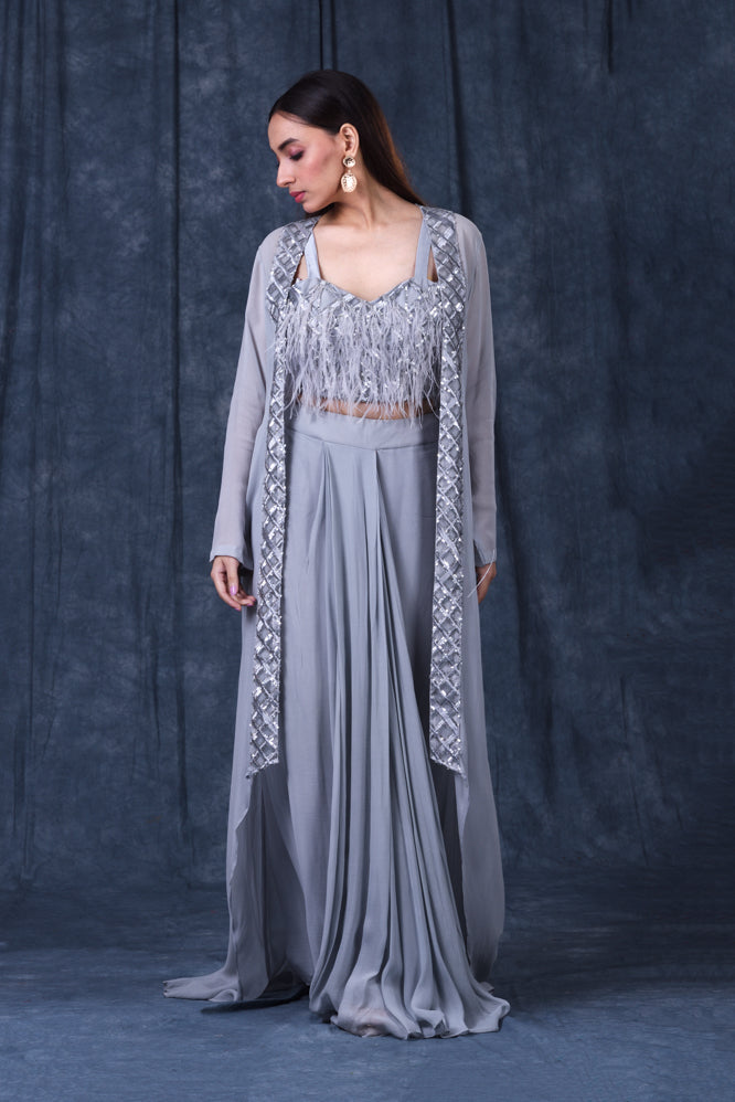 Festive/ Party/ Sangeet/ Wedding  Sequins Work Jacket Dress In Grey Color