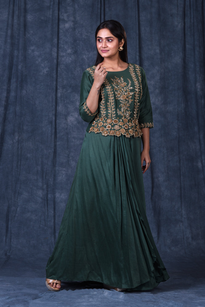 Festive/ Party/ Sangeet/ Wedding  Zardozi Work Dhoti Skirt & Top In Green Color