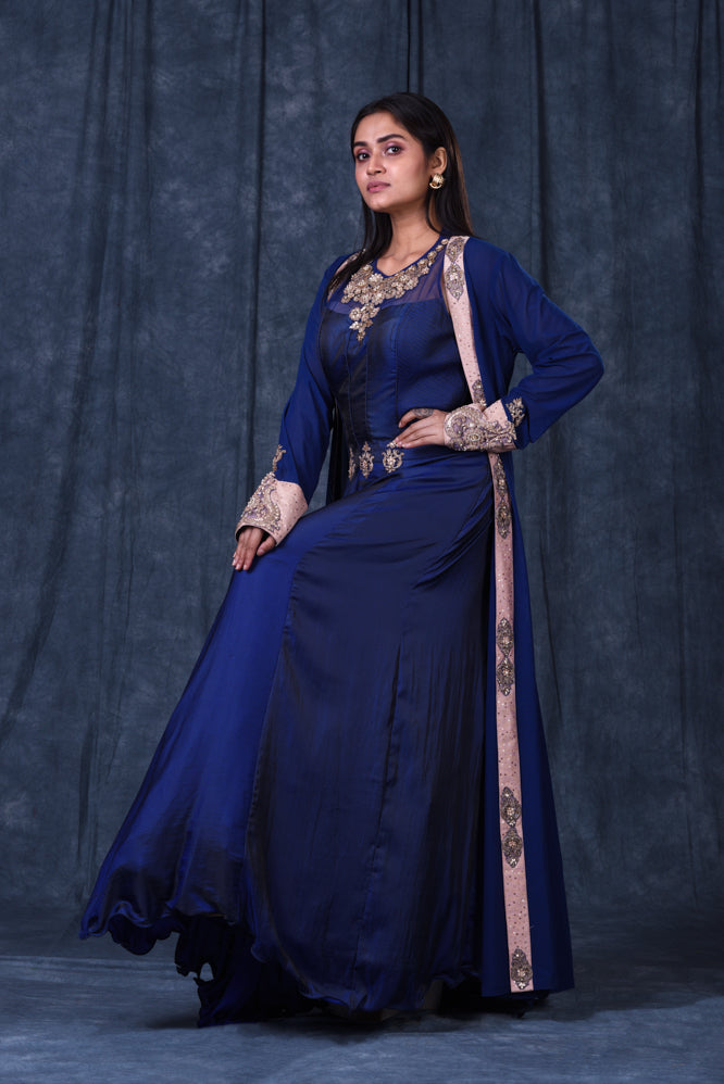 Festive/ Party/ Sangeet/ Wedding  Zardozi Work Jacket Dress In Blue Color