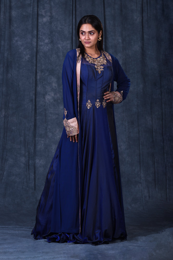 Festive/ Party/ Sangeet/ Wedding  Zardozi Work Jacket Dress In Blue Color