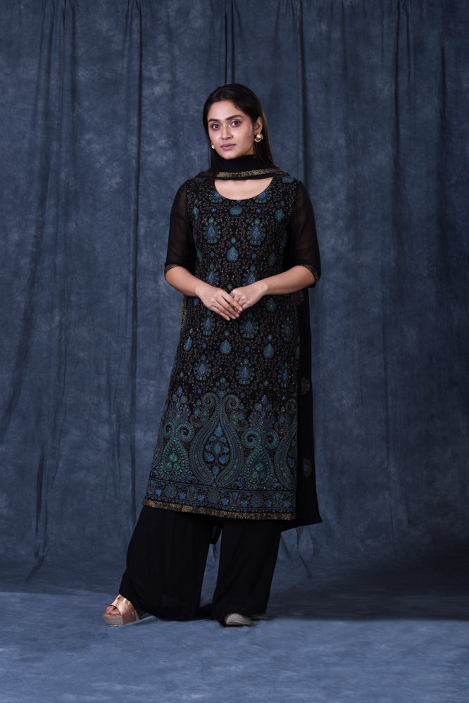 Festive/ Party/ Sangeet/ Wedding  Digital Print  Work 3Pc Suit In Black Color