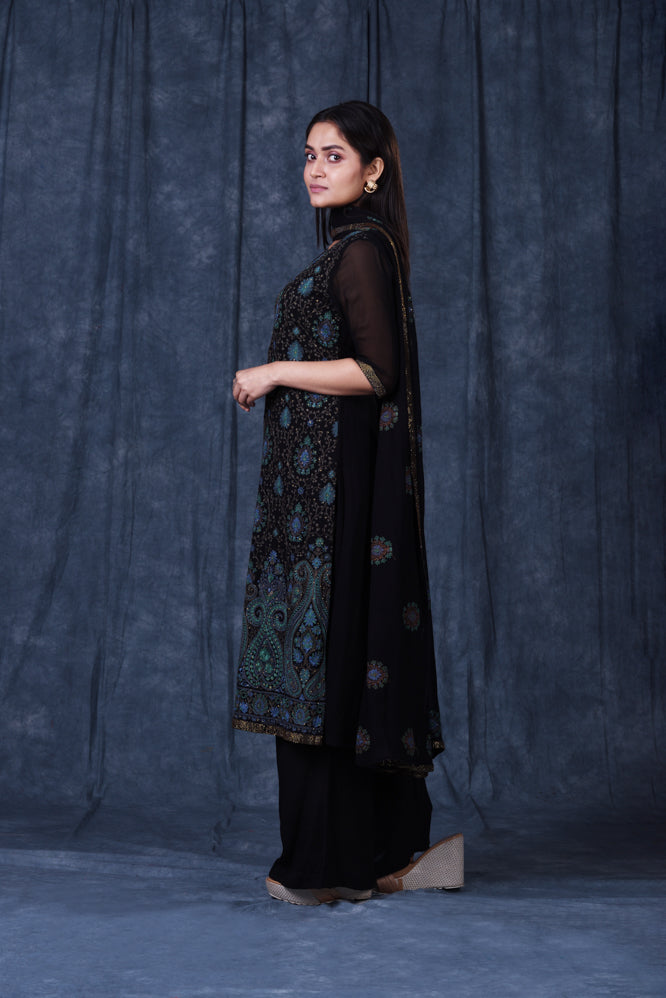 Festive/ Party/ Sangeet/ Wedding  Digital Print  Work 3Pc Suit In Black Color