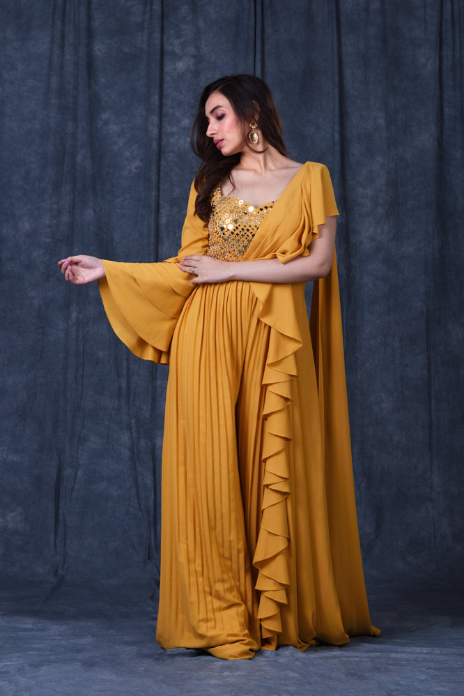 Festive/ Party/ Sangeet/ Wedding Mirror Work Dress  In Yellow Color