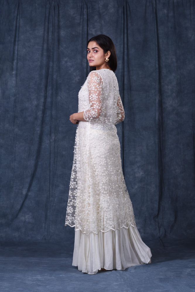 Festive/ Party/ Sangeet/ Wedding  Thread  Work Long Dress In White Color
