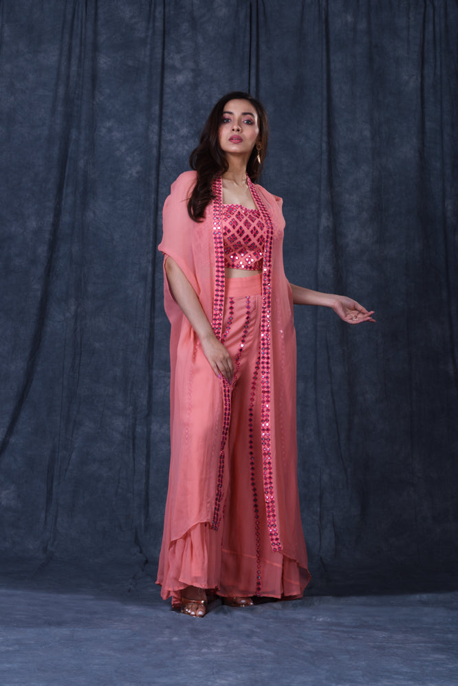 Festive/ Party/ Sangeet/ Wedding Mirror Work Jacket Dress In Pink Color