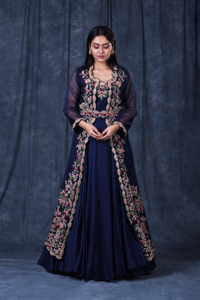 Festive/ Party/ Sangeet/ Wedding  Zardozi Work Jacket Gown In Blue Color
