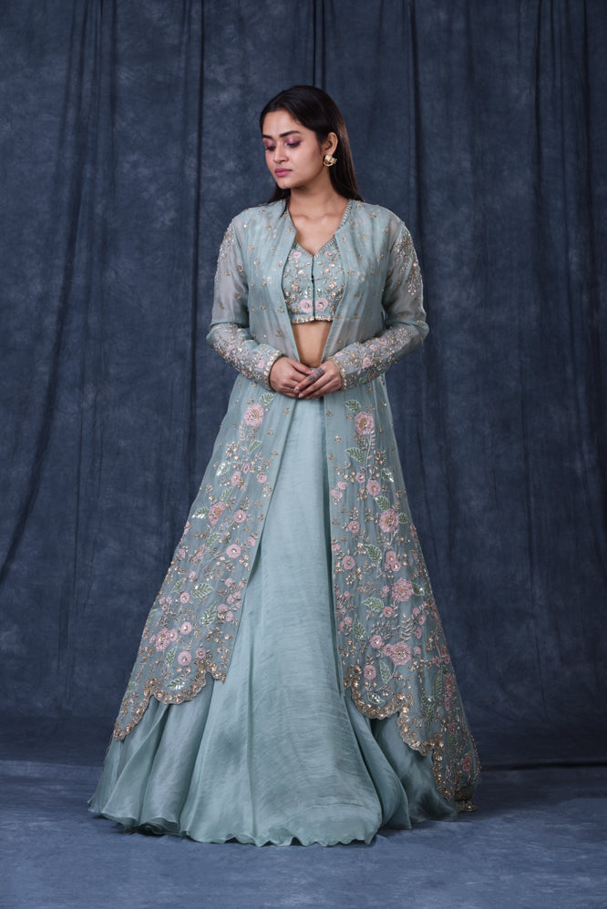 Festive/ Party/ Sangeet/ Wedding  Zardozi Work Jacket Lehenga In Turquoise Color
