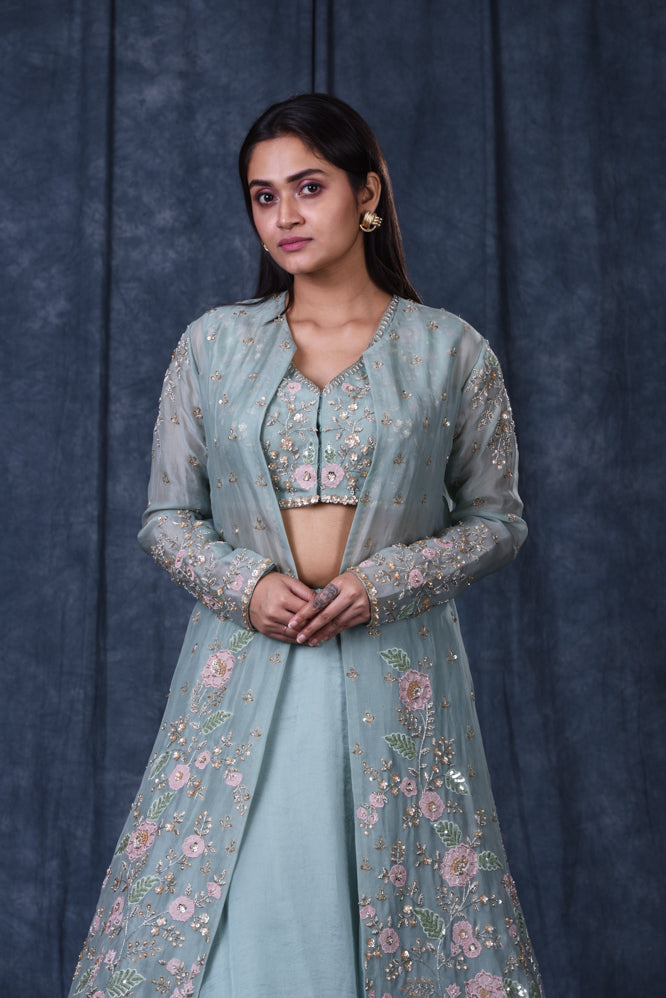 Festive/ Party/ Sangeet/ Wedding  Zardozi Work Jacket Lehenga In Turquoise Color