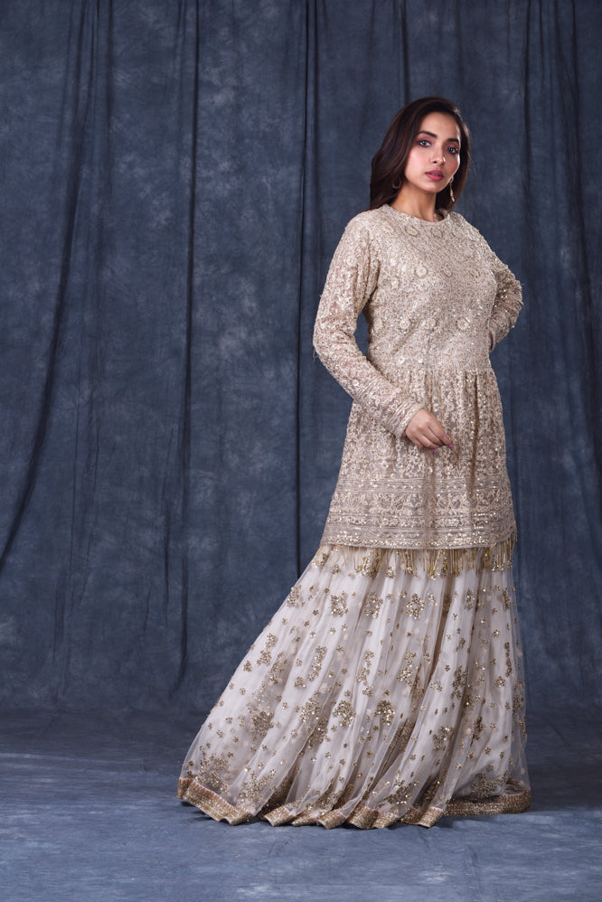 Festive/ Party/ Sangeet/ Wedding  Zardozi Work Layer Gown In White Color