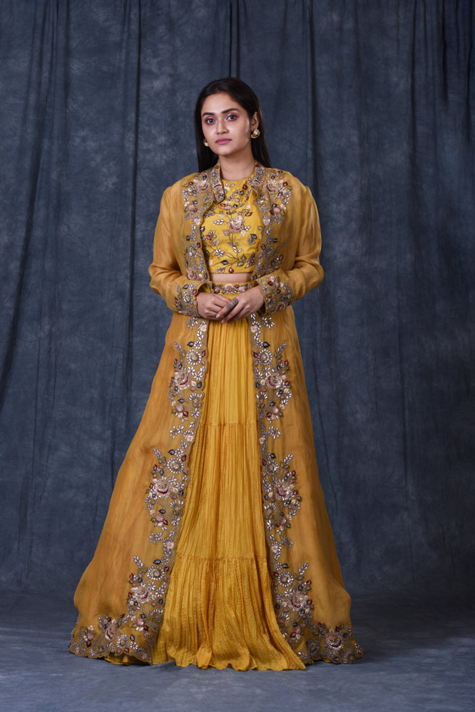 Festive/ Party/ Sangeet/ Wedding  Zardozi Work Jacket Lehenga In Yellow Color