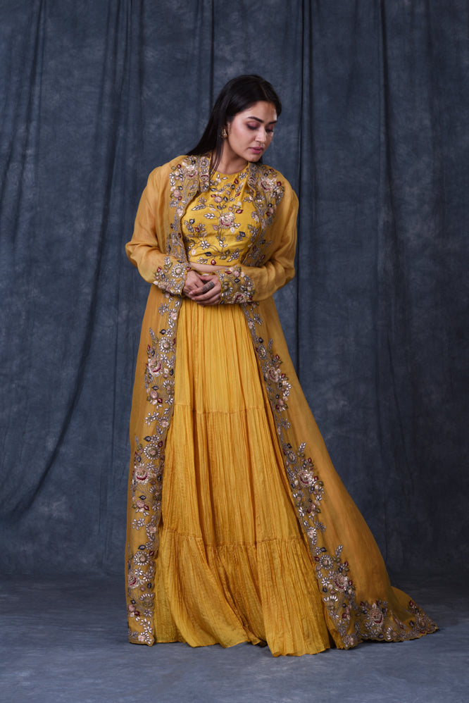 Festive/ Party/ Sangeet/ Wedding  Zardozi Work Jacket Lehenga In Yellow Color