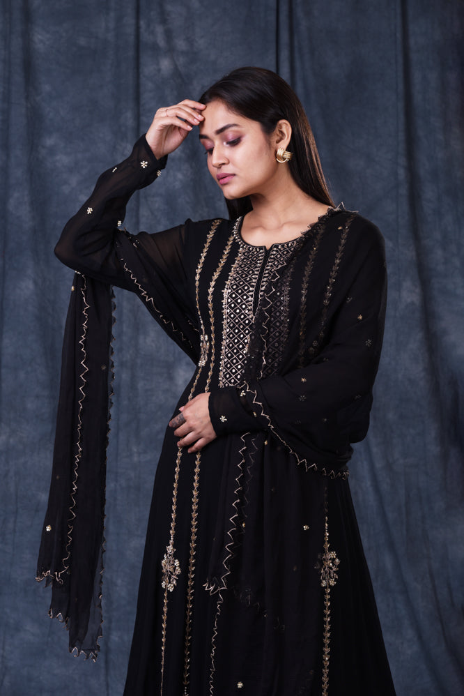 Festive/ Party/ Sangeet/ Wedding  Zardozi Work Long Suit In Black Color