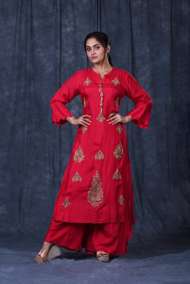 Festive/ Party/ Sangeet/ Wedding  Zardozi Work Plazo suit In Red Colour