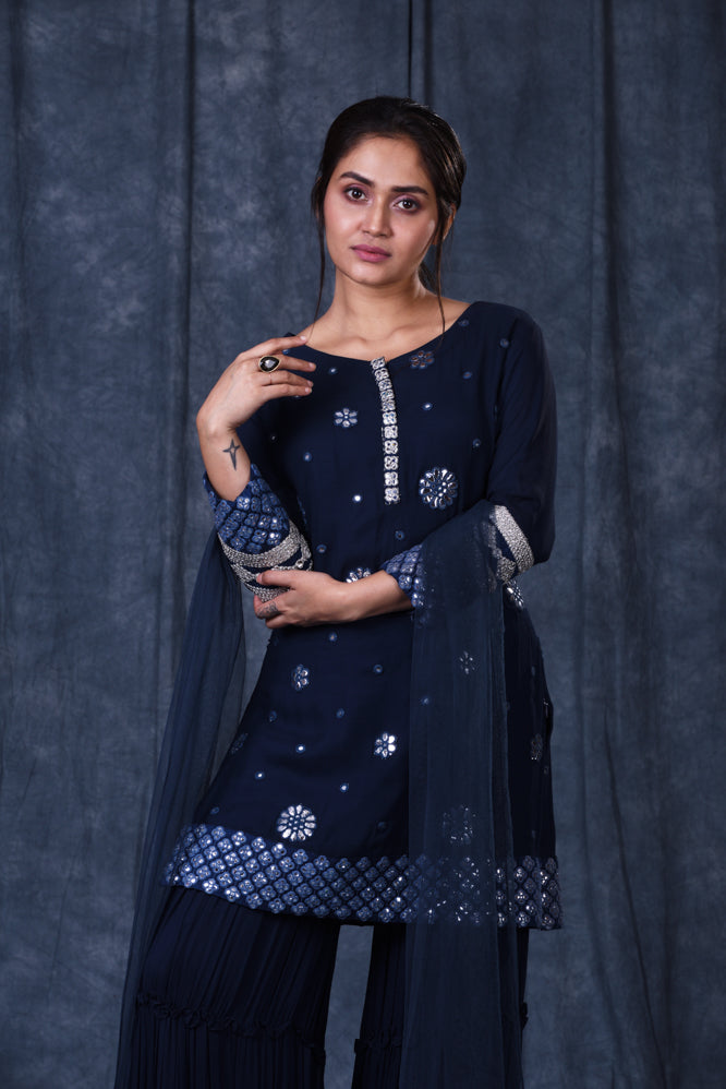 Festive/ Party/ Sangeet/ Wedding  Zardozi Work Sharara Suit In Blue Color
