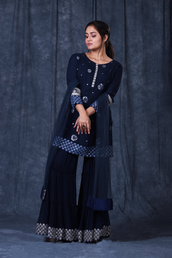 Festive/ Party/ Sangeet/ Wedding  Zardozi Work Sharara Suit In Blue Color