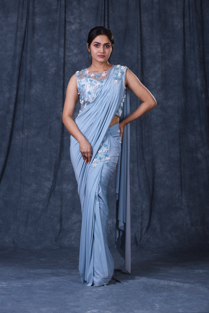 Festive/ Party/ Sangeet/ Wedding  Thread  Work Draping Saree In Blue Color