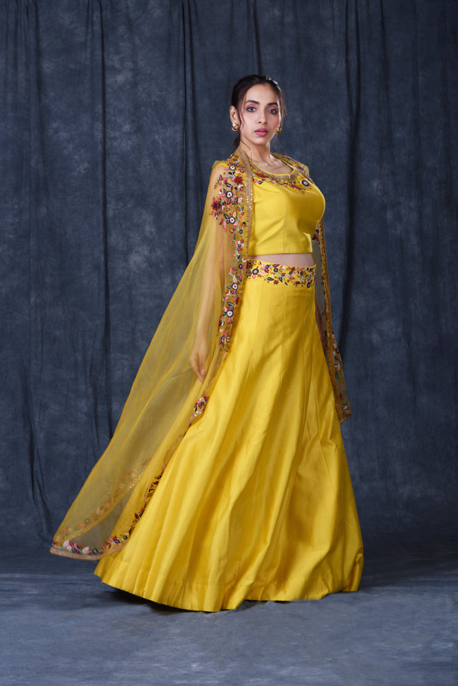 Festive/ Party/ Sangeet/ Wedding  Thread  Work Jacket Lehenga In Yellow Color