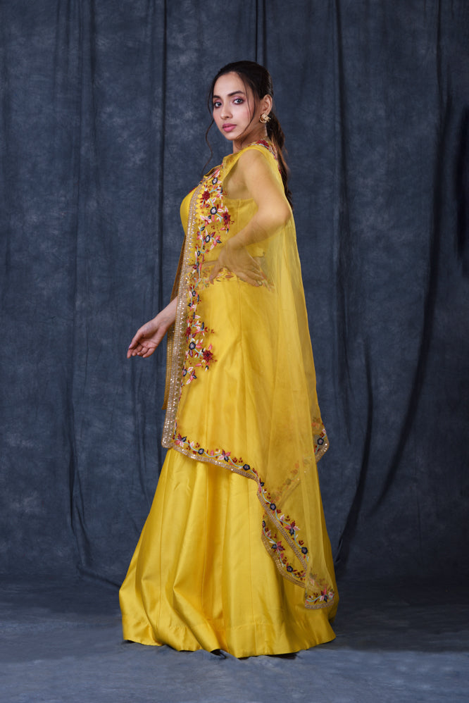 Festive/ Party/ Sangeet/ Wedding  Thread  Work Jacket Lehenga In Yellow Color