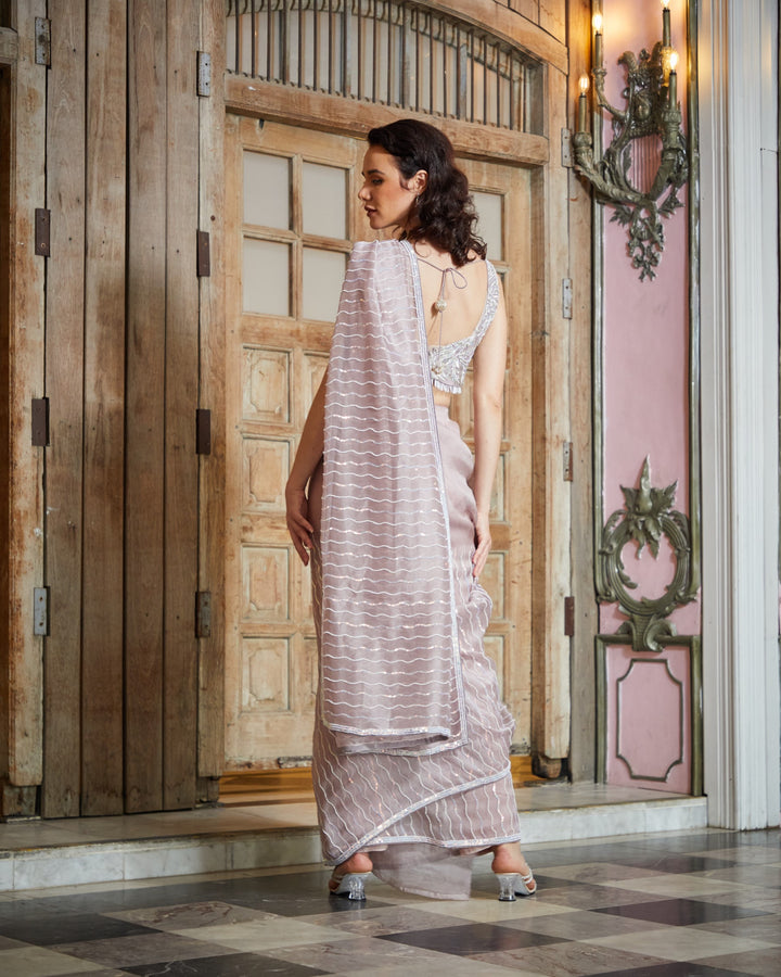 Designer Purplish White colour Hand Embroidered saree blouse set